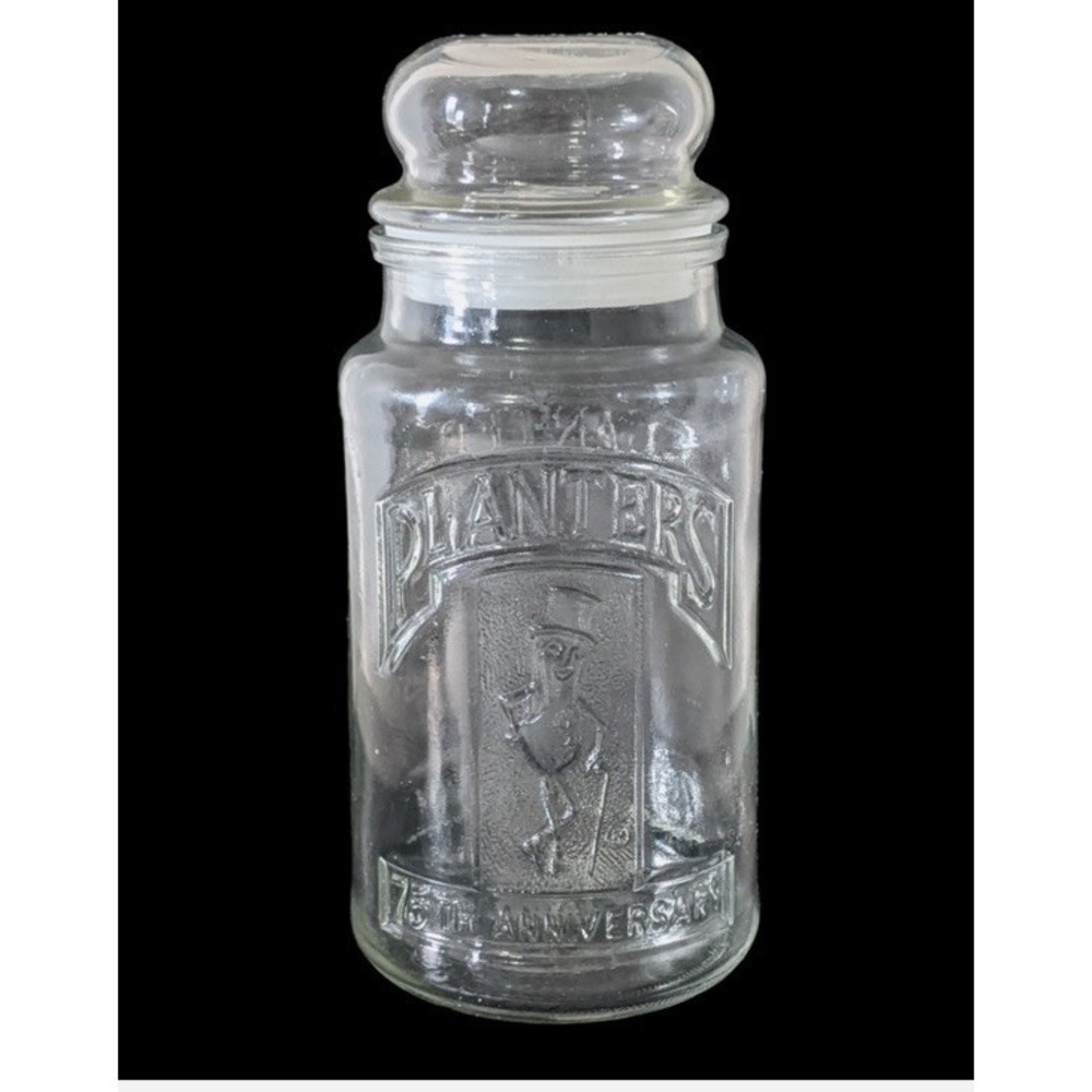 Vintage‎ 1981 75th Anniversary Planters Mr. Peanut Clear Glass Jar Lid Canister